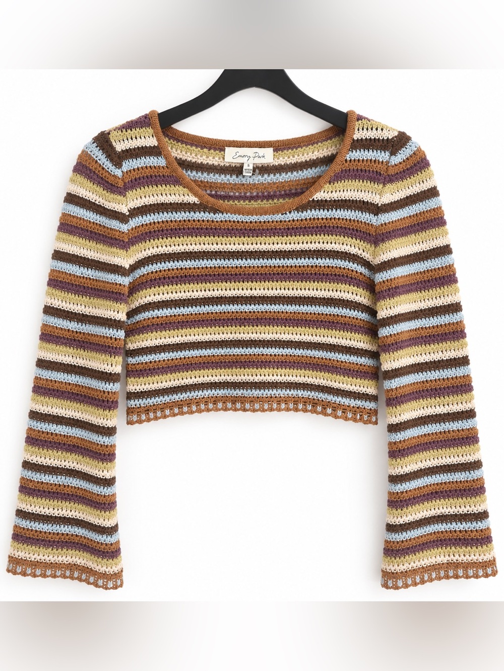 Emory Park Crochet Stripe Cropped Sweater Small Bell Sleeve 70s Y2K BNWOT